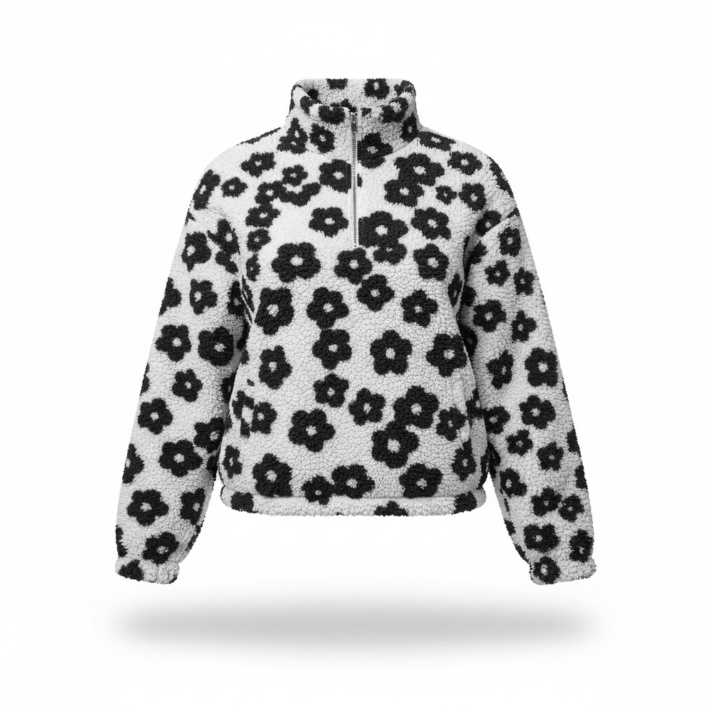 Hyfve LA Lily Floral Print Sherpa Jacket Adorable- Black & White Size Large EUC - Picture 2 of 9